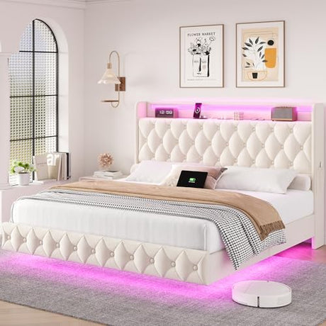 Keyluv Queen Floating Bed Frame with LED Lights & Charging Station, Upholstered Velvet Platform Bed with Button Tufted Storage Headboard, No Box Spring Needed, Noise-Free, Easy Assembly, Beige Keyluv