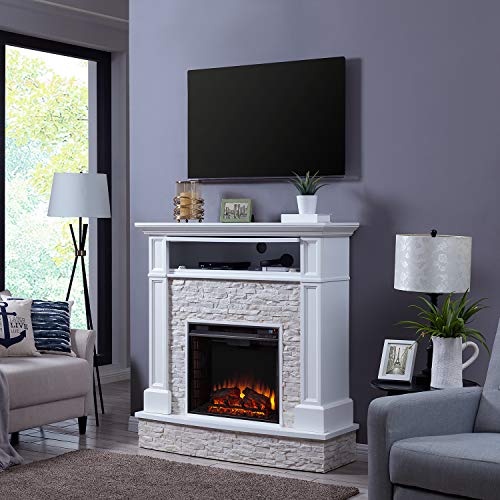 SEI Furniture Jacksdale Faux Stone Accent Electric Hidden Media Shelf Fireplace, White SEI Furniture