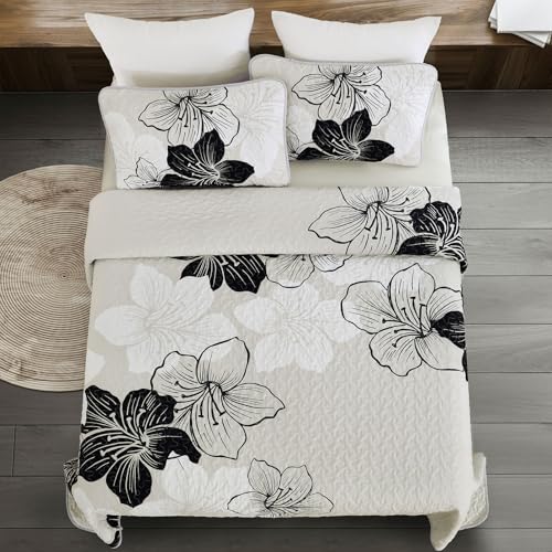 DJY Black White Quilt Set Queen 3 Pieces Floral Bedding Quilt Set Soft Botanical Bedspread with 2 Pillow Shams Lightweight Flower Quilt Coverlet Set for All Season 90''x 96'' DJY