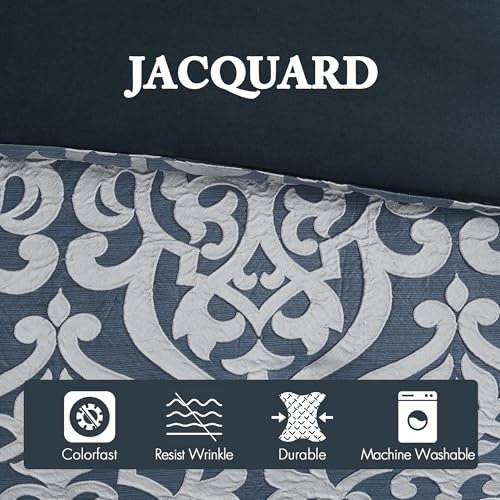 Madison Park Odette Cozy Comforter Set Jacquard Damask Medallion Design - Modern All Season, Down Alternative Bedding, Shams, Decorative Pillows, King(104 in x 92 in), Navy 8 Piece Madison Park