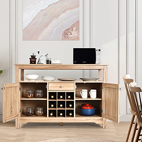 Giantex Buffet Server Sideboard, Console Table, Wood Dining Table, Cupboard Table with 2 Cabinets, 1 Drawer and 9 Wine Cabinets, Storage Organizer Kitchen and Dining Room (Natural) - WoodArtSupply