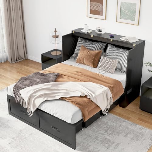 Hlivelood Full Size Murphy Chest Bed with Drawer and Charging Station, Farmhouse Wood Space-Saving Hidden Folding Bed Chest, Multifunctional Storage Cabinet Beds for Bedroom, Office, Black Hlivelood
