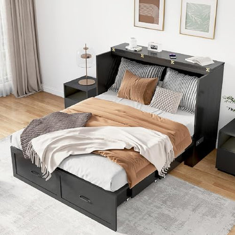 Hlivelood Queen Size Murphy Chest Bed with Drawer and Charging Station, Farmhouse Wood Space-Saving Hidden Folding Bed Chest, Multifunctional Storage Cabinet Beds for Bedroom, Office, Black Hlivelood