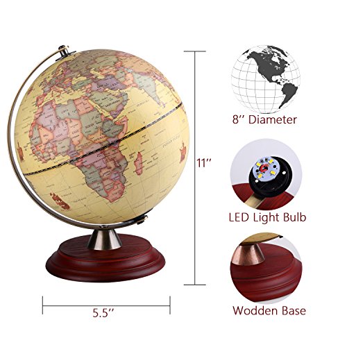 TTKTK Illuminated World Globe for Adults & Kids with Wooden Stand,Built in LED Lamp for Illuminated Night View Antique Globe for Home Décor and Office Desktop 8inch - WoodArtSupply