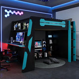 Gaming Loft Bed with Desk and RGB Light, Full Size Wood Loft Bed Frame with Storage Shelves (Blue) Harper & Bright Designs