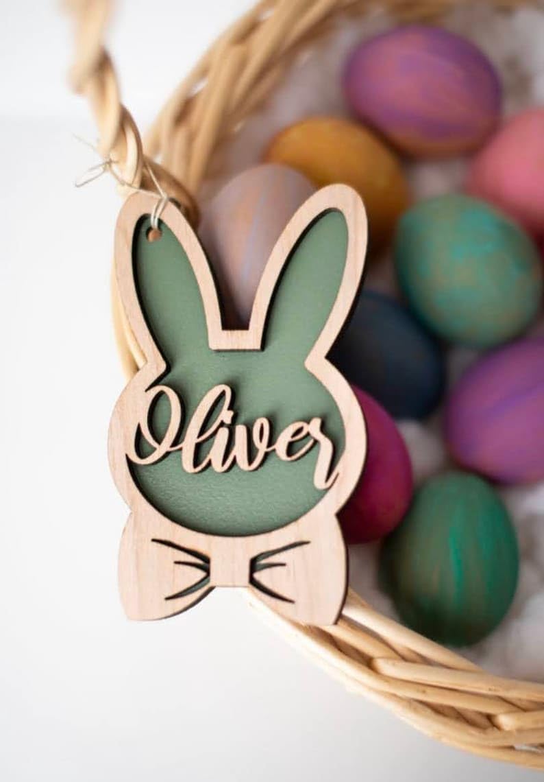 Personalized Bunny Easter Basket Tag Wooden, Custom Easter Place Card Name Easter, Basket Name Charm Kid Easter Basket Child Gift LOGGOL