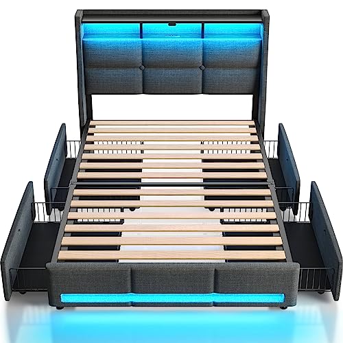 Rolanstar Twin Size Bed Frame with LED Lights and Charging Station, Upholstered Bed Storage Headboard & Drawers, Heavy Duty Wood Slats, Easy Assembly Rolanstar