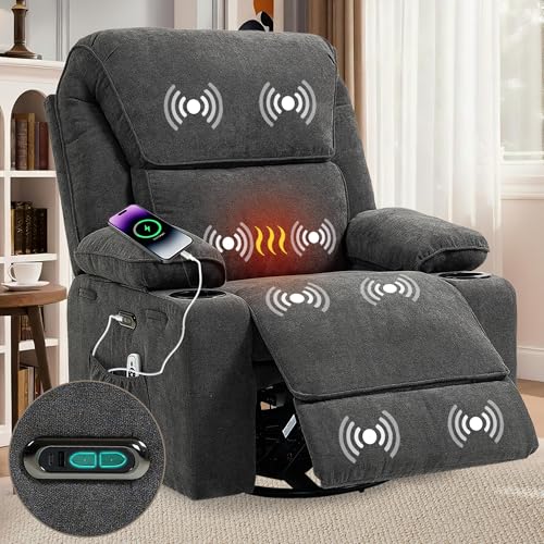 Power Recliner with Rocking, Swivel & Glider - Nursery Chair with One-Touch Button, Vibrating Massage & Heat, USB Charging Ports, Perfect for Nursery, Living Room, or Bedroom Relaxation, Dark Gray