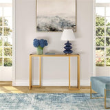 Pemberly Row Art Deco Metal Console Table, Brass Finish, 42 in x 10 in x 29 in, Tempered Glass Top and Shelf, Modern Industrial Style, Entryway or Living Room Accent Table for Home Decor Pemberly Row