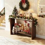COSIEST 43.3" Farmhouse Console Table for Entryway, 2-Tier Sofa Table with Faux Stone Grain Top, Slim Accent Table for Hallway, Behind Couch, or Living Room, Brown Wood Look COSIEST