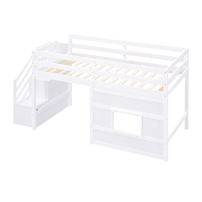 Harper & Bright Designs Twin Size Low Loft Bed with Playhouse and Storage Stairs in White - WoodArtSupply