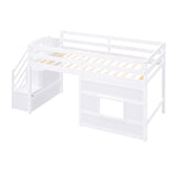 Twin Size Low Loft Bed with Stairs, Kids Loft Bed with Storage,Solid Wood Twin Loft Bed Frame for Kids, Space Saving Low Loft Bed for Boys, Girls, White Bellemave