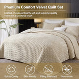 Ivellow Luxury Velvet Quilt Set King Size Bedding Sets Lightweight Ultra Soft Velvet Comforter Set Leaves Chevron Stitch Oversized Bedspread Coverlet 3 Pcs Full Bed Cover Sets for All Seasons Beige Ivellow