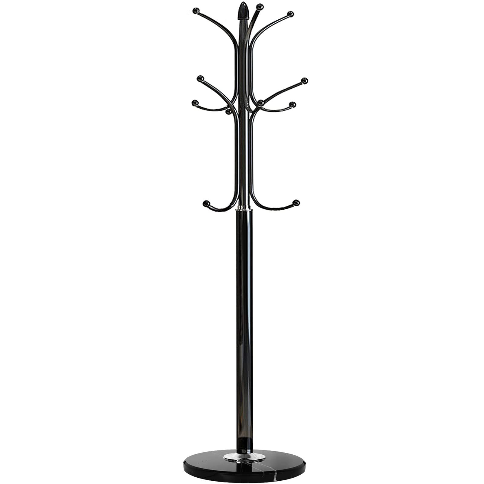 Kertnic Metal Coat Rack Stand with Natural Marble Base, Free Standing Hall Tree with 12 Hooks for Hanging Scarf, Bag, Jacket, Home Entry-way Hat Hanger Organizer (Black) - WoodArtSupply