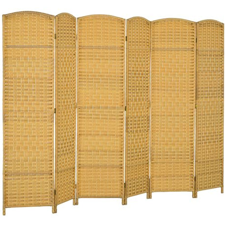 HOMCOM 6 Panel Room Divider, 6' Tall Folding Privacy Screen, Hand-Woven Freestanding Wall Partition for Home Office, Bedroom, Nature Wood HOMCOM