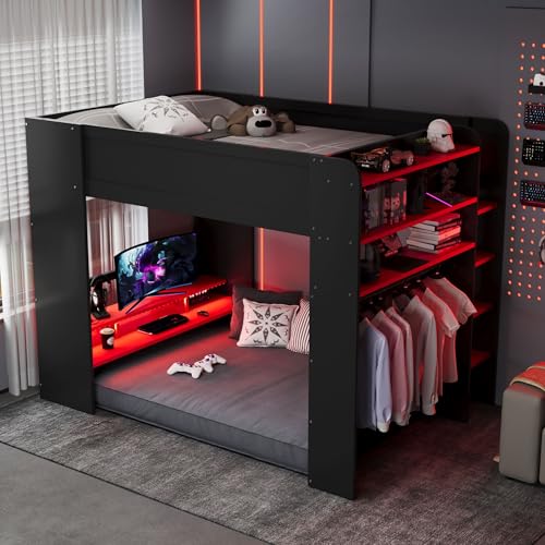 CKLMMC Full Size Gamer Loft Bed with Height-Adjustable Desk,Wardrobe,Ample Storage Space,and RGB Light, Wooden Bunk Bed for Gaming Setup (Red/A1) CKLMMC