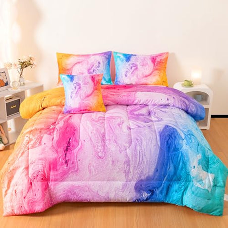 4 Pcs Tie Dye Full Bedding Set for Girls, Watercolor Marble Abstract Art Superior Girls Comforter Sets Full Size, Colorful Teenage Bedding Sets ASKOTU