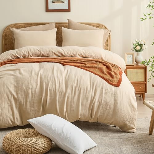 MEISHANG Muslin Duvet Cover King Size - 100% Organic Cotton, Soft Textured Gauze Weave Duvet Cover for Breathable All-Season Oeko-Tex Certified - 3 Piece Set (King, Linen) MEISHANG