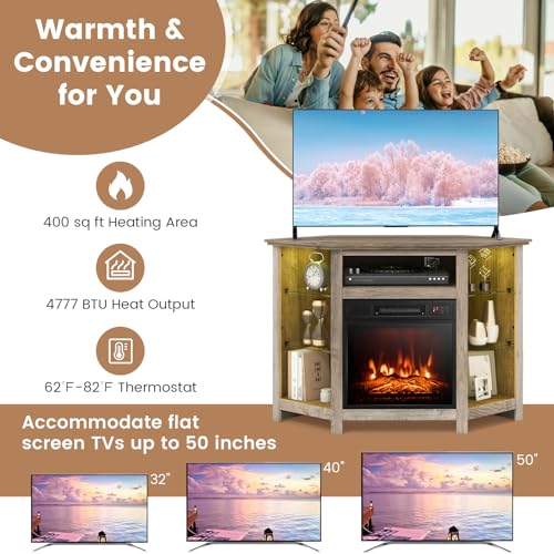 Tangkula Fireplace Corner TV Stand with LED Lights & Smart APP Control for 50 Inches TV, Entertainment Center with Adjustable Glass Shelves, 18” Electric Fireplace, Remote Control, Thermostat Tangkula