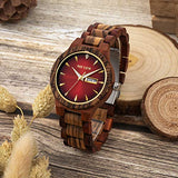 MII YEW Men's Wooden Watch Lightweight Analog Quartz Handmade Wood Watches Red Dial with Date MII YEW