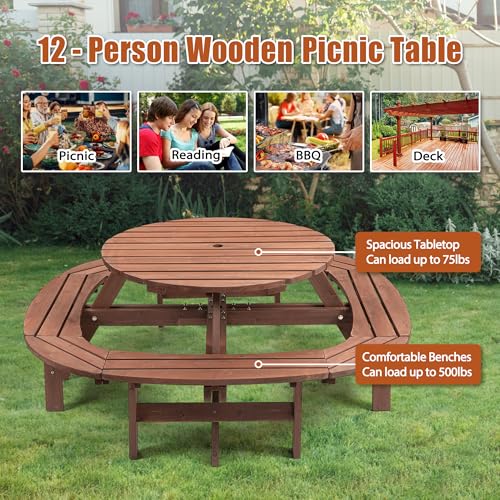 10-12 Person Picnic Table Round Outdoor Dining Table with Umbrella Hole,1 Built-in Ring Stool,Wooden Outside Picnic Tables and Bench Set for Garden,Patio, Backyard,2500LBS Total Capacity,Walnut Brown Pvillez