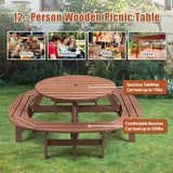 10-12 Person Picnic Table Round Outdoor Dining Table with Umbrella Hole,1 Built-in Ring Stool,Wooden Outside Picnic Tables and Bench Set for Garden,Patio, Backyard,2500LBS Total Capacity,Walnut Brown Pvillez