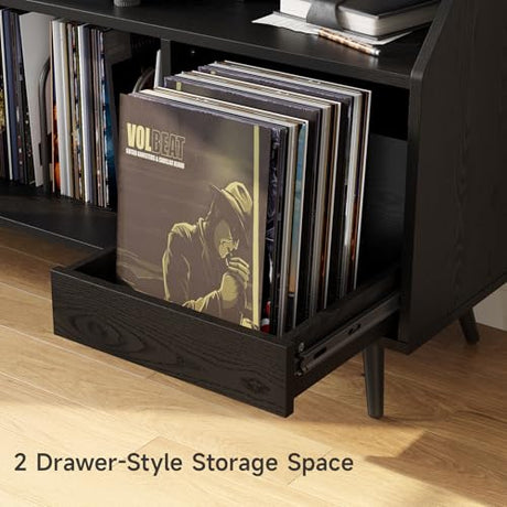 55 Inch Record Player Stand with LED Light, Modern Vinyl Record Storage Cabinet with 2 Drawers & Open Shelves, Holds up to 500 Albums, Turntable Stand w/Charging Station for Living Room Bedroom Black ONBRILL