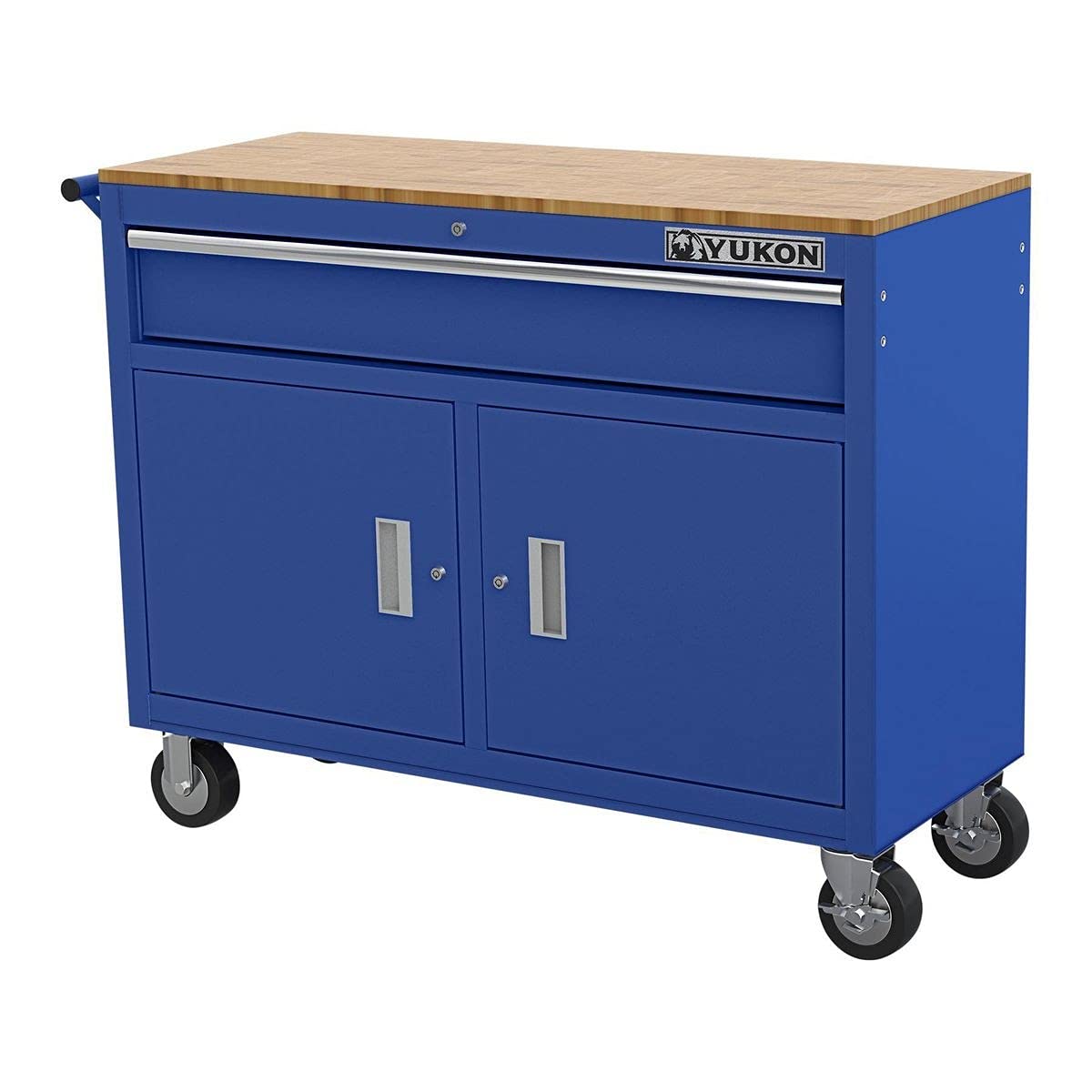 HFT YUKON Yukon 46 inches Mobile Workbench With Solid Wood Top, Blue - WoodArtSupply