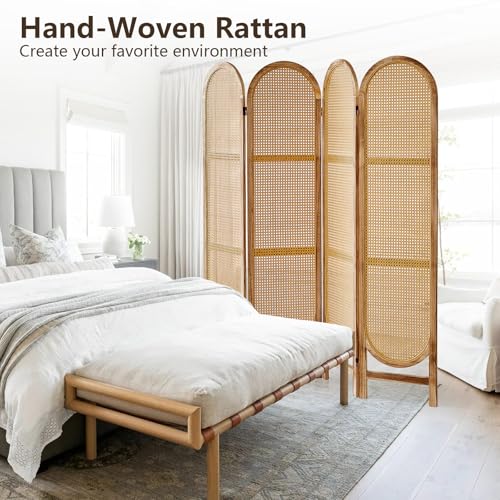 Leesinwing 4 Panels Room Dividers and Hand-Woven Rattan Room Divider Wall, Wood Room Divider Folding Privacy Screens for Home Office Bedroom, Light Brown Leesinwing
