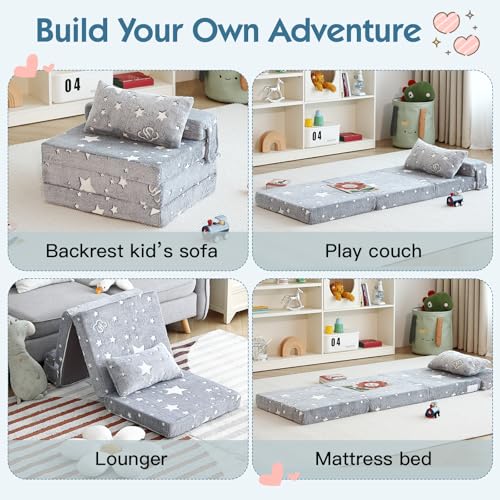 Foldable Floor Mattress with Pillow for Kids, Glow in The Dark Grey Star Toddler Washable Folding Floor Nap Mat for Daycare, Child Trifold Futon Sofa Bed with Storage Bag for Playroom Girls and Boys Givjoy