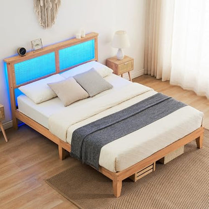 Solid Wood Queen Bed Frame with Rattan Headboard and LED Lights - Modern Design and Under-bed Storage - WoodArtSupply