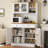 Tall Pantry Cabinet, Modern Kitchen Hutch with Microwave Stand, Kitchen Pantry Storage Cabinet with 2 Darwers & Door Shelf, Food Pantry with Glass Doors & Adjustable Shelves for Dining Room, White Gyfimoie