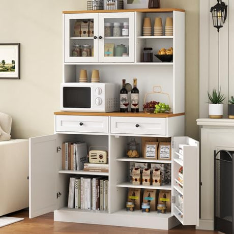 Tall Pantry Cabinet, Modern Kitchen Hutch with Microwave Stand, Kitchen Pantry Storage Cabinet with 2 Darwers & Door Shelf, Food Pantry with Glass Doors & Adjustable Shelves for Dining Room, White Gyfimoie