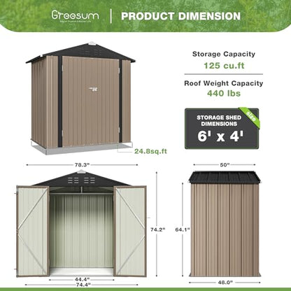 Greesum Outdoor Storage Shed 6 x 4 ft. Utility Tool Shed Metal Storage Garden Shed with Door & Lock for Patio Storage, Brown