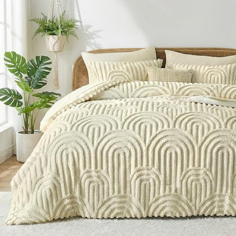 Nesker Boho Queen Comforter Set, 7 Pcs Tufted Beige Bedding Sets, Soft Cozy Chic Bed in a Bag, Arch Pattern Shabby Bed Set All Season with Comforter, Fitted Sheet, Flat Sheet & Pillowcases Nesker