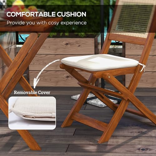 Outsunny 3 Pieces Patio Bistro Set Foldable Wooden PE Rattan Conversation Furniture Outdoor with Cushions, for Porch, Backyard, Garden, Light Teak - WoodArtSupply