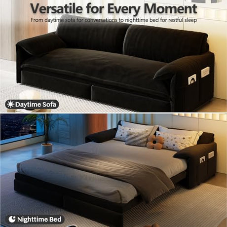 UPYOOE 63.8" Futon Sofa Bed Queen Size, Pull Out Bed, 3-in-1 Convertible Sleeper Sofa with Side Pocket, Modern Velvet Futon Couch for Living Room, Small Space, Apartment, Bedroom, Black UPYOOE