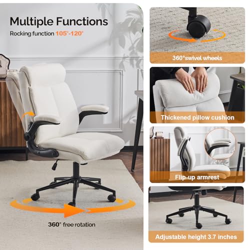 VINGLI Rolling Ergonomic Office Desk Chair with Padded Flip-up Arms, 360° Swivel High Back Executive Computer Chair with Wheels for Game,Home Small Space, Study Room, Reading Room, Linen Light Grey VINGLI