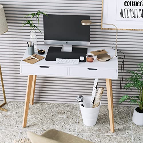 FOTOSOK White Computer Writing Desk with 2 Drawers, Small Desk Makeup Vanity Table Wood Desk with 4 Oak Legs, Modern Home Office Desk Console Study - WoodArtSupply