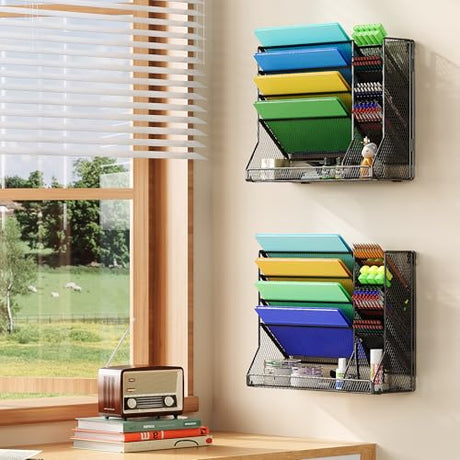 Jakyitvi File Organizer Wall Mounted, 4 Tiers Durable Adjustable Metal Desk Organizer, Desktop Hanging File Holder with 4 Pen Slots Stable, 4 Pull-Out Divider for File, Mail, Black, Patent Pending Jakyitvi