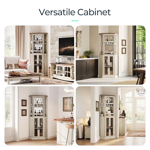 LINSY HOME Corner Bar Cabinet, 68.5" Tall Farmhouse Wine Cabinet with Rotating Liquor Shelves, Home Bar Cabinet with Barn Door & Adjustable Shelves for Dining Room, Living Room, Kitchen, Washed Gray LINSY HOME