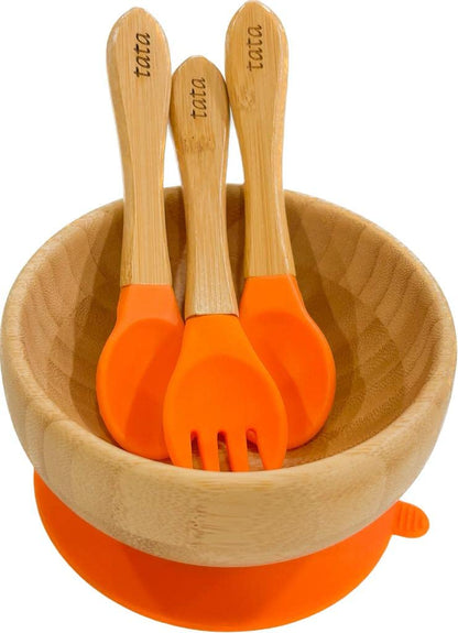 TATA AMG ® Bamboo Baby Plate and Bowl Set with Spoons and Fork for Babies | Bamboo Toddler Plates | Bamboo Suction Plate and Bowl Set for Babies | Baby Led Weaning Feeding Set - BPA Free