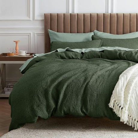 Bedsure Waffle Comforter Set King, Olive Green Soft Bedding, Waffle Weave Bed Set, 3 Pieces, 1 Comforter (104"x90") and 2 Pillow Shams, Cotton Shell and Polyester Lining for All Seasons Bedsure