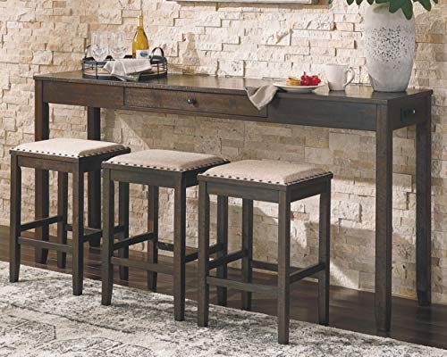 Signature Design by Ashley Rokane Urban Farmhouse 25" Counter Height Dining Room Table Set with 3 Bar Stools, Brown - WoodArtSupply