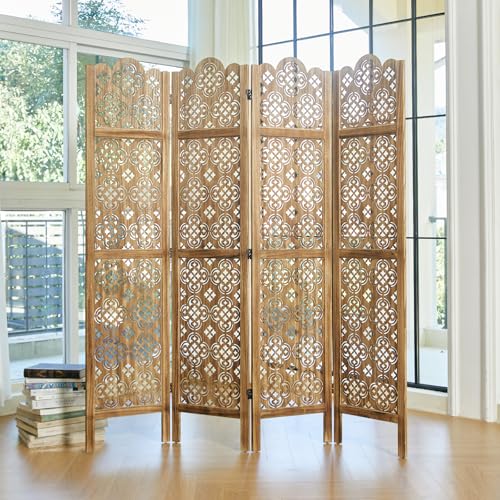 68.9Inch Folding Room Divider, 4 Panels Wood Carved Privacy Screens - Ideal Decorative Partition for Home, Office, Restaurant, Bedroom (Dark Brown) Svimi