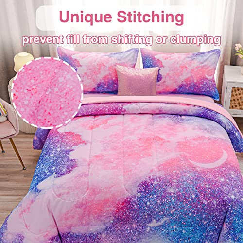 A Nice Night Galaxy Bedding Sets Outer Space Comforter 3D Printed Space Quilt Set Twin 6Pcs Glitter Pink,for Children Boy Girl Teen Kids A Nice Night