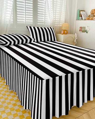 Ruffle Skirt Bedspread for Twin Size Bed Black and White Stripes 2 Piece Bedding Cover with Pillow Sham,18In Drop Bedskirt Coverlet Bedroom Dorm Decor Modern Geometric Art Chucoco