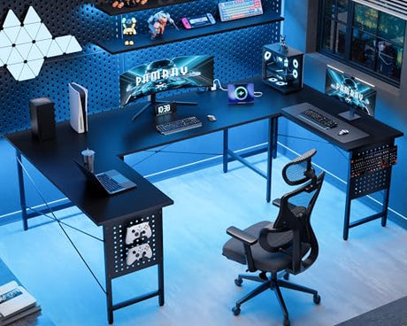 Pamray 71 Inch Large Computer Desk with Power Outlets,U Shaped Corner Desk for Home Office Work and Gaming Black Pamray