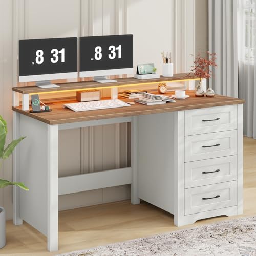 Vabches 47" Farmhouse Executive Desk with Monitor Stand and LED Lights,4 Drawers Computer Desk with Power Outlets,Large Workspace for Work Study Writing.Unique White Vabches