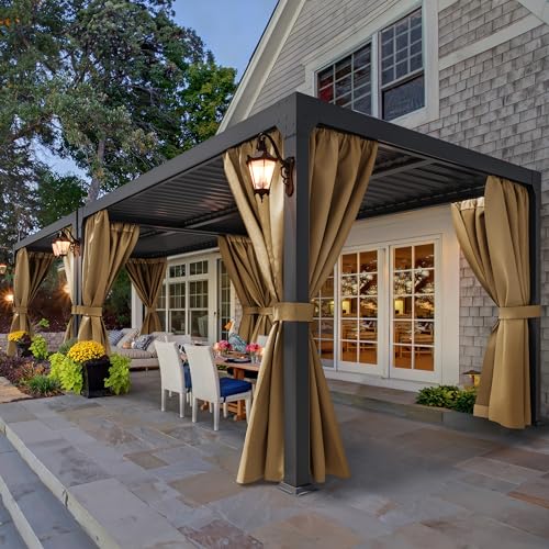 YITAHOME 10x13ft Louvered Pergola Outdoor Aluminum with Adjustable Roof Pergolas Sun Shade Shelter with Netting and Shaded Curtains for Lawns, Patio, Deck and Backyard, Brown - WoodArtSupply